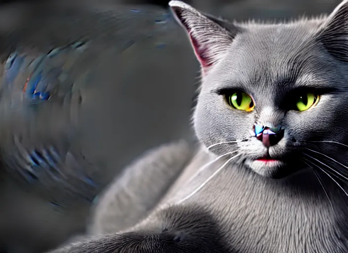 Image similar to hyperrealism, detailed textures, photorealistic 3 d render, a beautiful grey coloured cat with medium hair length, one million lave rivers, sharp focus, ultra realistic, ultra high pixel detail, cinematic, intricate, cinematic light, concept art, illustration, art station, unreal engine 8 k