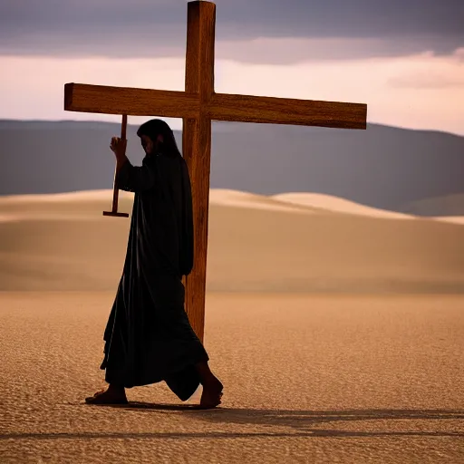 Image similar to paparazzi following around jesus christ while he is carrying a cross in the desert, 8 k photography,