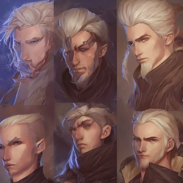 Prompt: concept art of young male wizard d & d video game characters head designs, unique hair designs, by marc brunet and artgerm