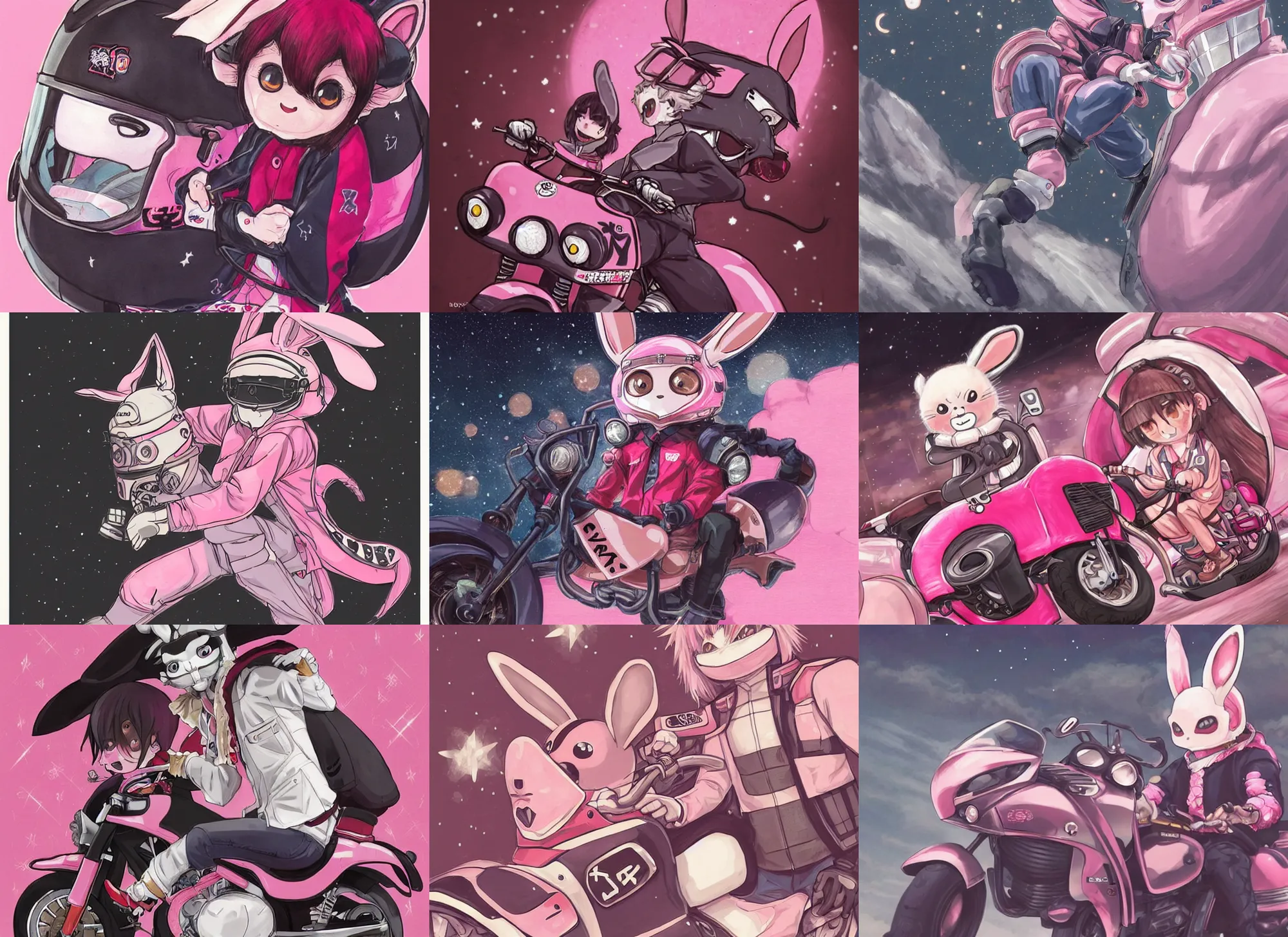 Image similar to official artwork of a half human yokai, motorcycle, helmet, anime pink rabbit wearing a letterman jacket, by Krenz Cushart, detailed art, many stars in the night sky, pink iconic character, 獣, yokai, wallpaper, bunny, large ears, けもの, male character, aesthetic, helmet, ghost, beast, motorbiker, rabbit, rabbit shaped helmet