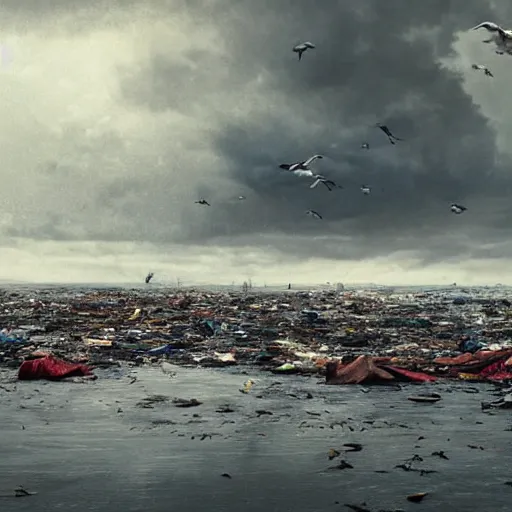 Image similar to on water, enormous huge islands of tyres and garbage floating, seagulls flying in the forecasted sky, dramatic light, post apocalyptic, rainy weather, wet,highly detailed, wide shot, 8K mate painting, concept