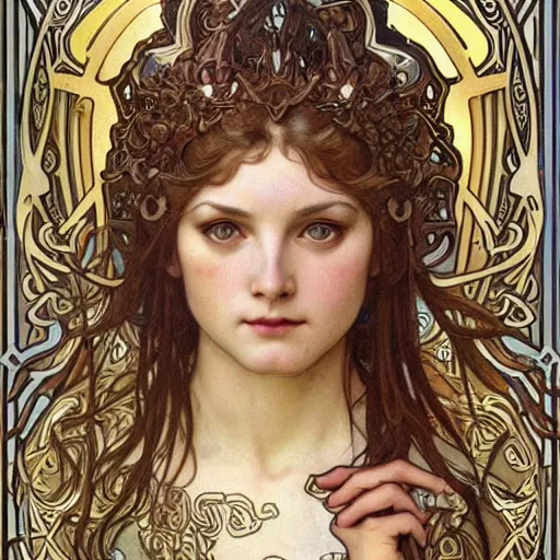 Prompt: realistic detailed face portrait of a beautiful young Dragon Goddess by Alphonse Mucha, Greg Hildebrandt, and Mark Brooks, gilded details, spirals, Neo-Gothic, gothic, Art Nouveau, ornate medieval religious icon