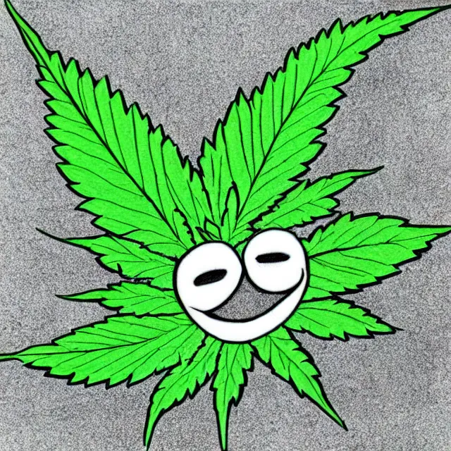 Prompt: cannabis leaf with a smiling face and arms and legs cartoon, colored pencil illustration