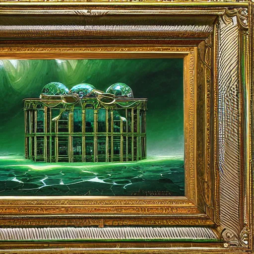 Image similar to an oil painting by michael whelan and donato giancola of a palace made of green, polished, swirling malachite and jade