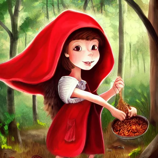 Prompt: little red riding hood is picking mushrooms in the forest digital art,oil painting,trending on artstation.