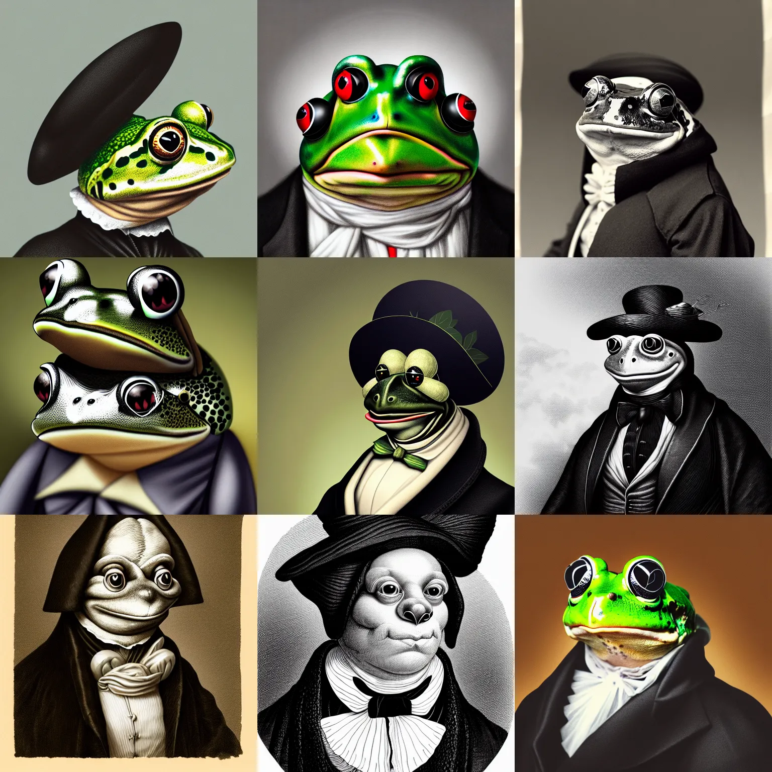 Prompt: a head and shoulders portrait of an anthropomorphic frog!!!!!!!!!! wearing a black colonial outfit without a hat looking off camera, a character portrait, american romanticism, soft focus