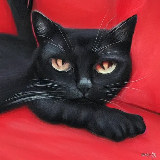 Prompt: black cat resting between red cushions, portrait, trending on artstation