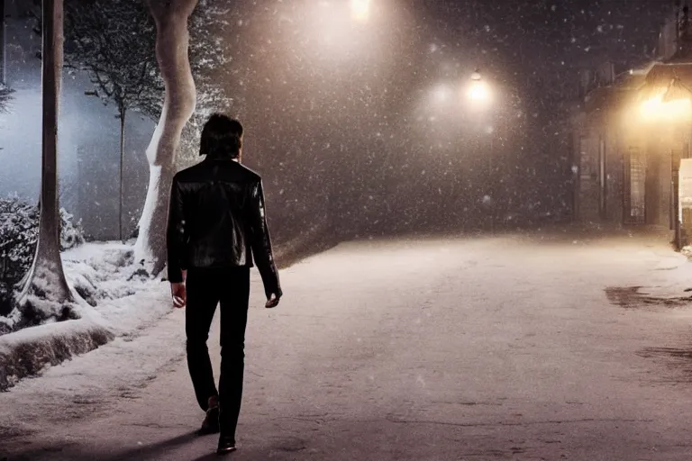 Image similar to movie shot of young man from back pacing lowering head dressed in short leather bomber jacket to empty narrow alley with street lamps in park with pines to the horizon, with hands in pockets, snowfall at night, mullet long haircut, black hairs, cinematic, dramatic, detailed, realistic, movie shot, low lighting