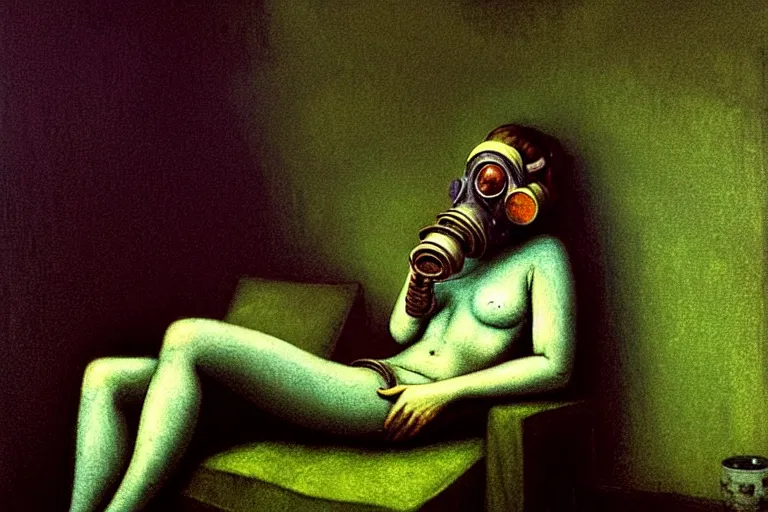 Prompt: girl with wearing a gas mask lying on the sofa reading a book in her room, in the style of beksinski, peaceful, calm, atmospheric, intricate and epic composition, green by caravaggio, insanely quality, highly detailed, masterpiece, purple light, artstation, 4 k