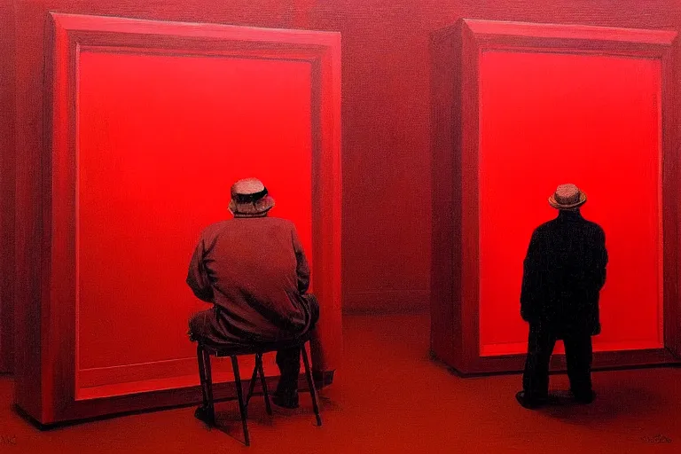 Image similar to only with red, a red old man try to sell a portrait, in a square, crowd cheering, in the style of beksinski, parts by edward hopper, parts by rodcenko, parts by yue minjun, intricate and epic composition, red by caravaggio, insanely quality, highly detailed, masterpiece, red light, artstation, 4 k