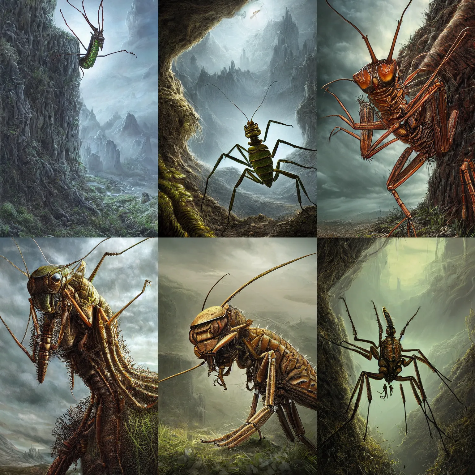 Prompt: highly detailed portrait photo of a mantid insectoid in a scenic dystopian environment, hyperrealistic illustration by william didier - pouget