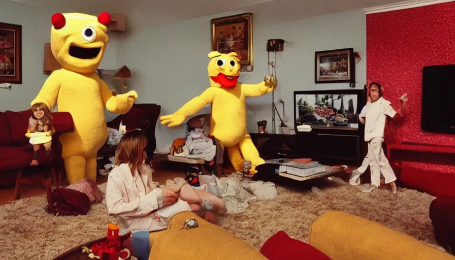 Image similar to 1990s candid 35mm photo of a beautiful day in the living room, cinematic lighting, cinematic look, golden hour, a very large, oversized magical salesman mascot creature is hanging out of the TV and aggressively trying to sell the family and kids a sports car by force, the salesman mascot creature is a very large giant, he has fancy decorations, there is an expensive sports car in the living room, car in the room, UHD