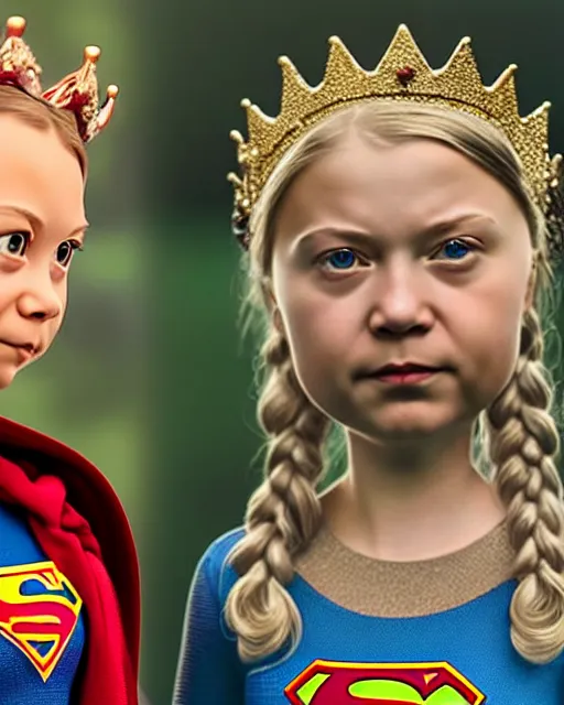 Image similar to highly detailed closeup, face profile portrait of greta thunberg as supergirl as a fairytale princess wearing a crown eating cakes in the castle, bikini, unreal engine, nicoletta ceccoli, mark ryden, earl norem, lostfish, global illumination, detailed and intricate environment