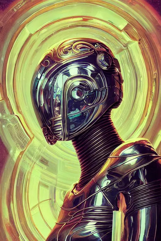 Prompt: retro-futuristic portrait of a beautiful damaged female android in old chrome armour with cables and wires and white liquid, ornate background, rim light, ornate pattern, glowing eyes, evil expression, high details, intricate details, renaissance painting by vincent di fate, artgerm julie bell beeple, 80s, Smooth gradients, High contrast, depth of field, very coherent symmetrical artwork