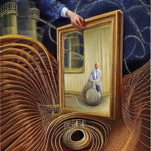 Image similar to benjamin netanyahu, spiraling floating piano, mirrors, by michael cheval