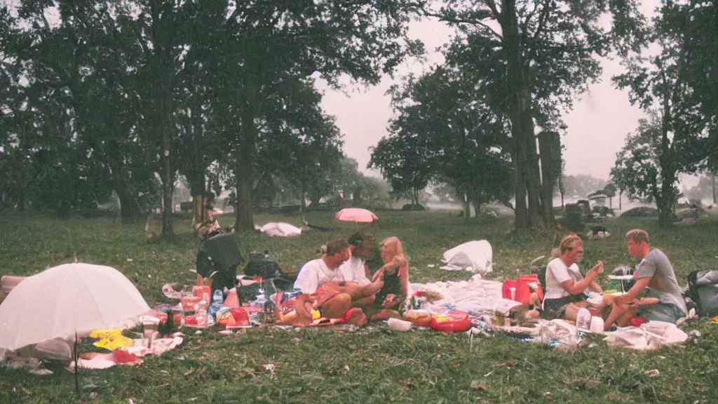 Image similar to climate change catastrophe, storms, floods, torrential rain, lightning, as seen by a couple having picnic in the park, 35mm