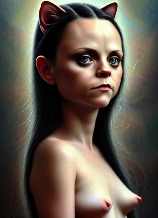 Image similar to potrait of christina ricci as an cat, aesthetic, fine art, intricate, elegant, highly detailed, realistic hair, centered, digital painting, art station, conceptual art, soft, sharp focus, illustration, artwork, artgerm, tomasz alen kopera, peter mohrbacher, donato giancola, wlop, boris vallejo