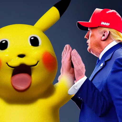 Prompt: a hyper realistic digital still of Donald Trump and Pikachu high fiving , 8k, realistic photo,