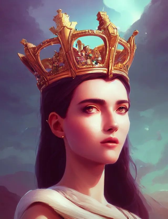 Image similar to blurred background. close-up portrait of a goddess in crown, by Artgerm and beeple and greg rutkowski