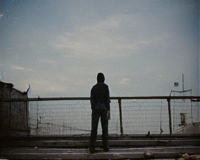 Image similar to lomo photo of man standing on the roof of soviet hrushevka, small town, cinestill, bokeh, out of focus