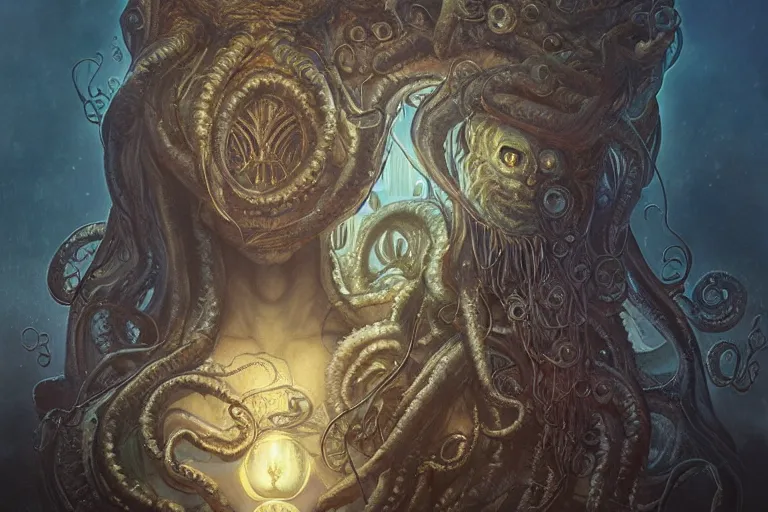 Prompt: a lovecraftian portrait face of cthulhu, cosmic horror elements, ultra realistic, concept art, intricate details, eerie, highly detailed, photorealistic, octane render, 8 k, unreal engine. art by artgerm and greg rutkowski and alphonse mucha