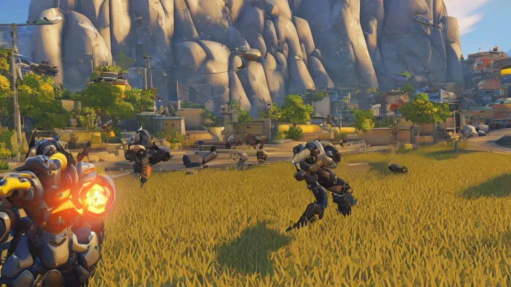 Image similar to Screenshot from Overwatch, at a countryside corn field