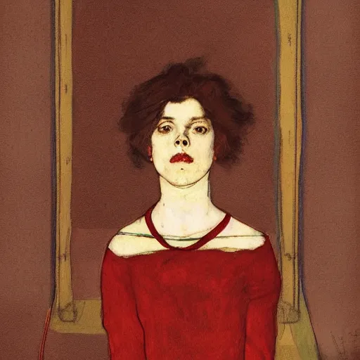 Image similar to an elegant girl in a liminal abandoned room, red and gold, old polaroid by goya, by schiele, digital painting, jugendstil, strong lights, flat colors, pastel colors,