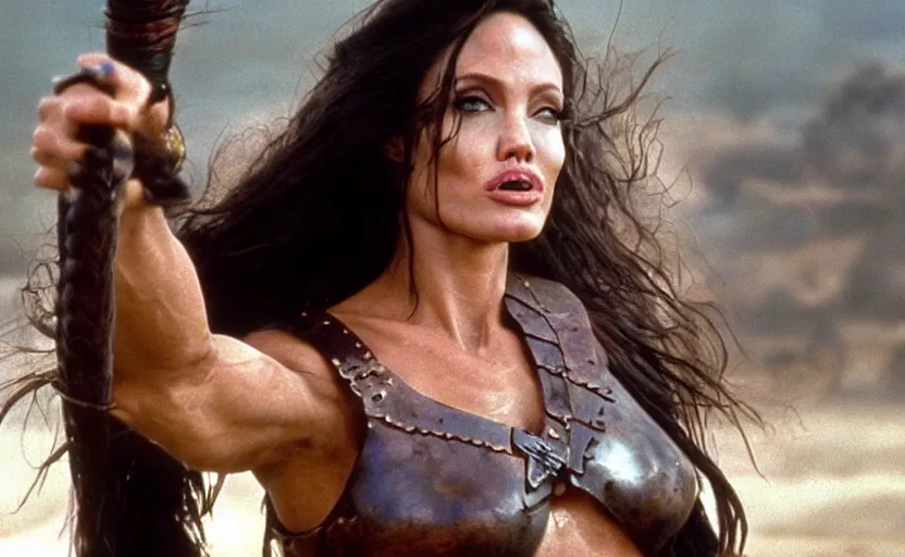 Image similar to epic photo of muscular angelina jolie as beautiful barbarian warrior princess with long curly black hair blowing in the wind in a battle scene, sweaty, detailed eyes, neutral expression, shallow depth of field, photorealistic, cinematic lighting, lovely bokeh, warm colours, dusk, movie quality, conan the destroyer 1 9 8 5, movie still