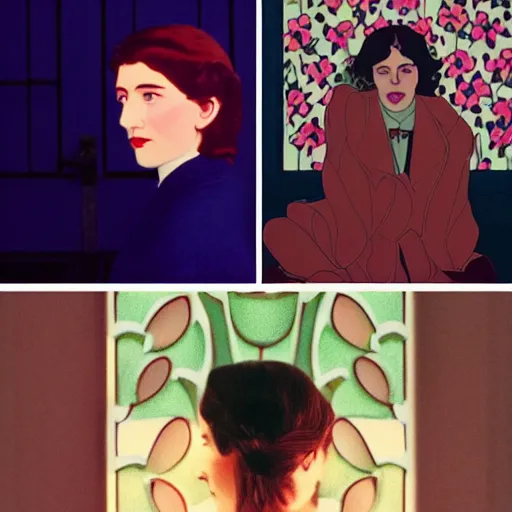 Image similar to a lot of flowers morphing in a beautiful girls face, film still by wes anderson, depicted by mackintosh, limited color palette, very intricate, art nouveau, highly detailed, lights by hopper, soft pastel colors, minimalist