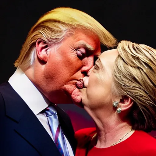 Prompt: realistic portrait of Donald trump kissing Hillary Clinton, hyperrealistic