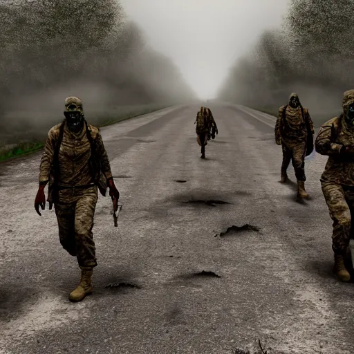 Image similar to military road block with sandbags and armed soldiers during zombie apocalypse, old 3d cgi, high quality, mist, smoke, high focus, dark mood,