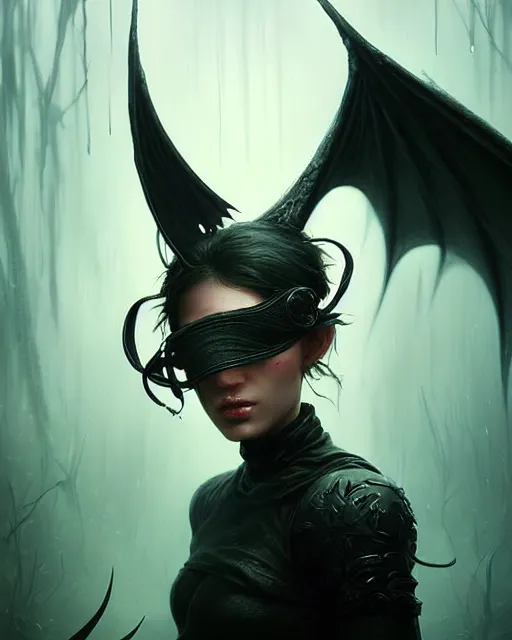 Image similar to fantasy portrait of a dark angel with a blindfold on his eyes!!, highly detailed, moist foggy, abstract dragons around in a intricate background, complex 3 d render by ilya kuvshinov, peter mohrbacher. unreal engine, blender, octane, ray tracing. sharp focus, masterpiece, post processing, deviantart