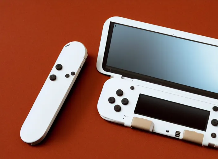 Image similar to retro futurist design of a new handheld console by nintendo, white, aluminium, wood