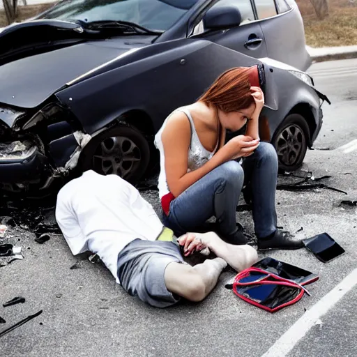 Prompt: car accident but the victims are smartphones, sad iphone, sad android, crying