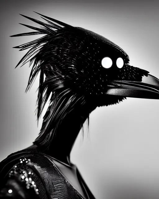 Image similar to a profile portrait, a stunning young woman - crow - cyborg, editorial photography, bw, shot on 7 0 mm, depth of field, f / 2. 8, high contrast, 1 6 k, volumetric lighting, shiny, insanely detailed and intricate, hypermaximalist, elegant, ornate, hyper realistic, super detailed