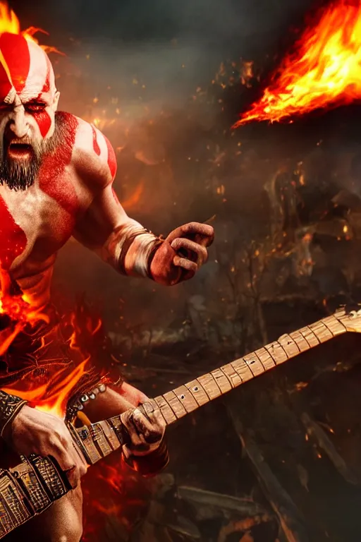 Prompt: screaming kratos rocking out on a flaming stratocaster guitar, cinematic render, god of war 2 0 1 8, playstation studios official media, lightning, flames, left eye stripe, left eye stripe, clear, coherent