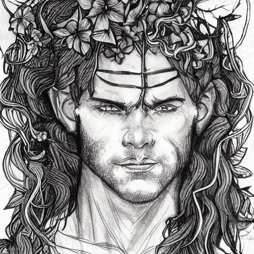 Image similar to male firbolg druid pointy ears with vines as hair hibiscus flowers detailed drawing