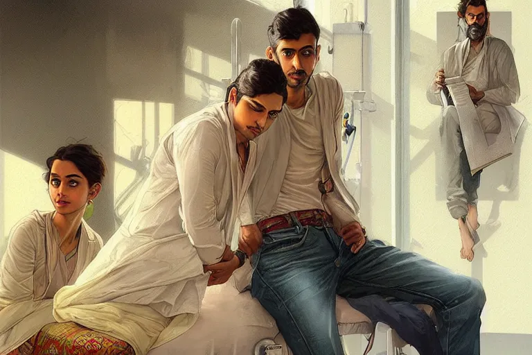 Image similar to Anxious good looking pale young Indian doctors wearing jeans inside a hospital, portrait, elegant, intricate, digital painting, artstation, concept art, smooth, sharp focus, illustration, art by artgerm and greg rutkowski and alphonse mucha