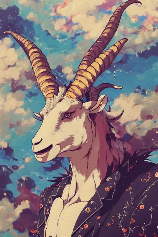 Prompt: maximalist intimidating goat, trending on pixiv fanbox, painted by makoto shinkai takashi takeuchi studio ghibli, akihiko yoshida, yoshitaka amano, wangechi mutu, clean cel shaded vector art. shutterstock. behance hd by lois van baarle, artgerm, helen huang, rossdraws, illustration