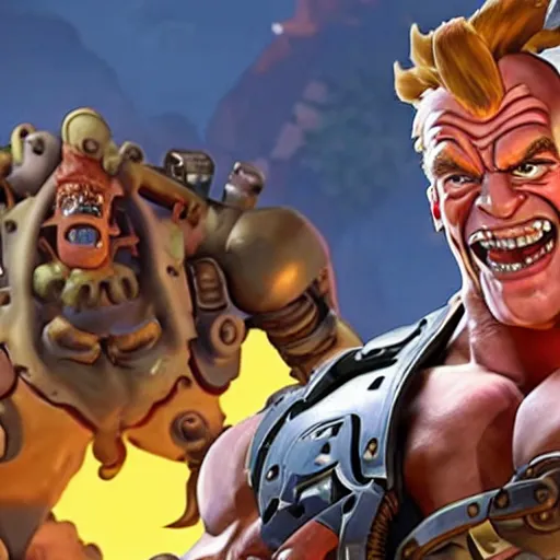 Image similar to a screenshot of junkrat arnold schwarzenegger as junkrat in overwatch