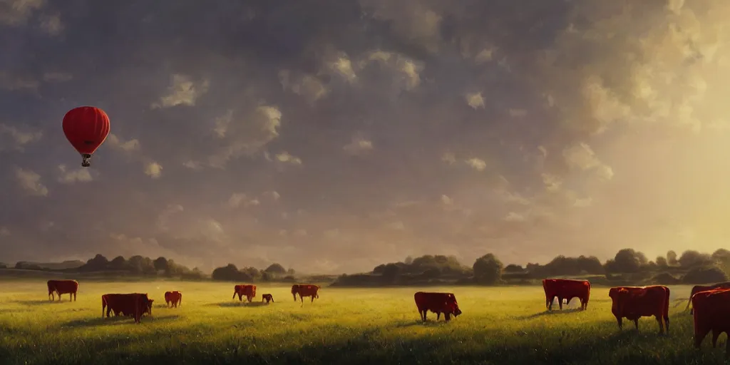 Prompt: a red hot air balloon flies above a field of cattle on a beautiful summer morning, English countryside, fields, cows, matte painting by Greg rutkowski, early morning light, trending on artstation, cinematic lighting, deviantart,