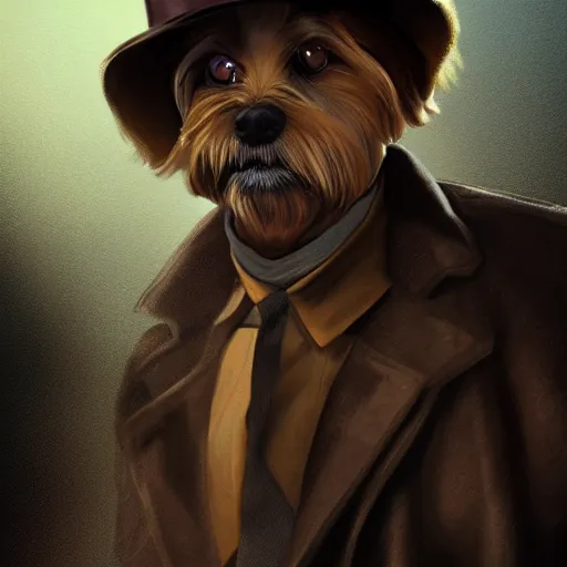 Prompt: yorkie with a fedora and trench coat, matte fantasy painting, artstation deviant art by jason felix