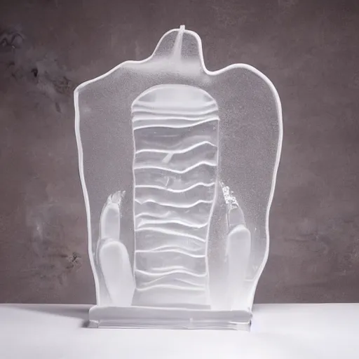 Prompt: Ice sculpture form of hot water bag, white background