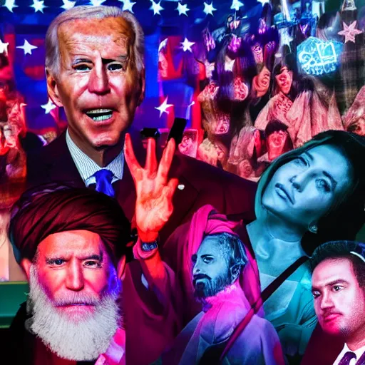 Image similar to 4 k portrait sony a 7 f 2. 8 of a gigantic president joe biden as a taliban leader surrounded by dancing instagram models with neon lighting and moody cloudy skies