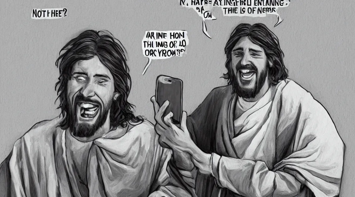 Image similar to portrait of one Jesus laughin because see a meme in him cellphone, no letters, one person