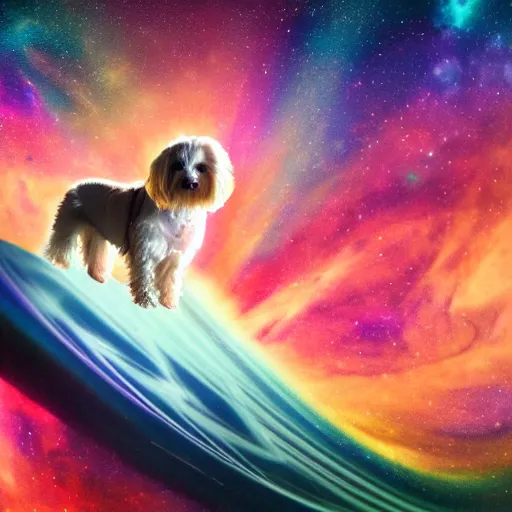 Prompt: a cream-colored Havanese dog surfing on top of a cosmic wave of iridescent energy, with a background of gorgeous nebulas and galaxies Rutkowski, 4k, masterpiece