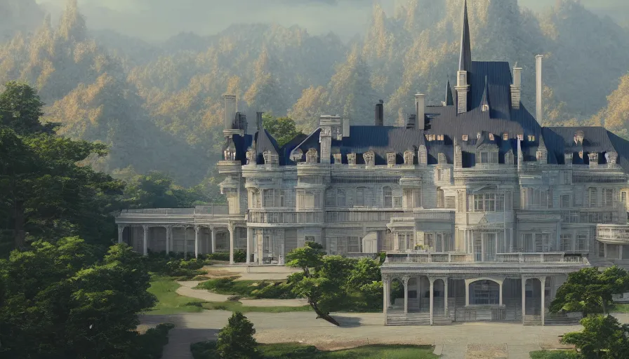 Prompt: A highly detailed matte painting of a huge american castle inspired by the white house by Studio Ghibli, Makoto Shinkai, by Artgerm, by beeple, by Greg Rutkowski, volumetric lighting, octane render, 4K resolution, trending on artstation, masterpiece