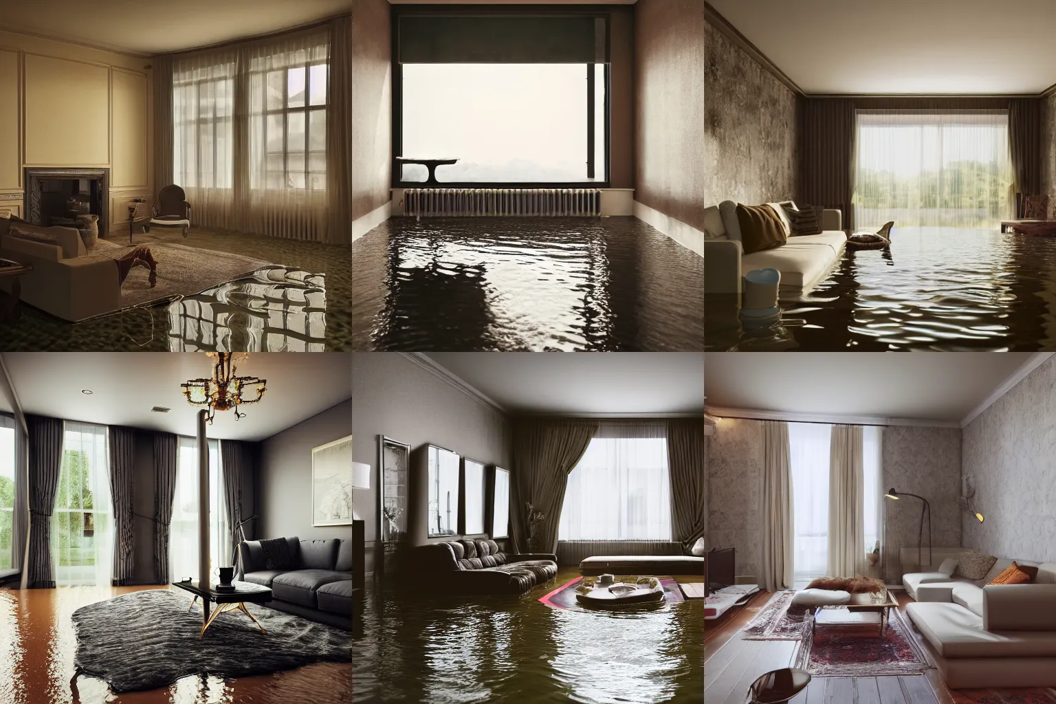 Prompt: kodak portra 4 0 0 photographic and realistic interior of living room, detailed, octane render, unreal engine, 4 k, artstation, hyper realistic, wide angle, floor flooded, how a river, objects that float, 3 5 mm, sharp focus, soft light, volumetric light, in the style of gregory crewdson