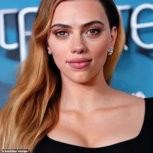 Image similar to a woman who is a genetic combination of kim kardashian and kat dennings and scarlett johansson and margot robbie and emma watson, face and upper - body focus, detailed eyes