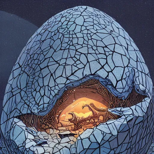 Prompt: epic cracked dinosaur egg, magical, backlighting, dramatic lighting, epic cinematic lighting, epic composition, hyper detailed, highly detailed, hyper realistic, in the style of moebius, james jean, mcbess!!!, cinematic, highly detailed, award winning, 8 k photorealistic